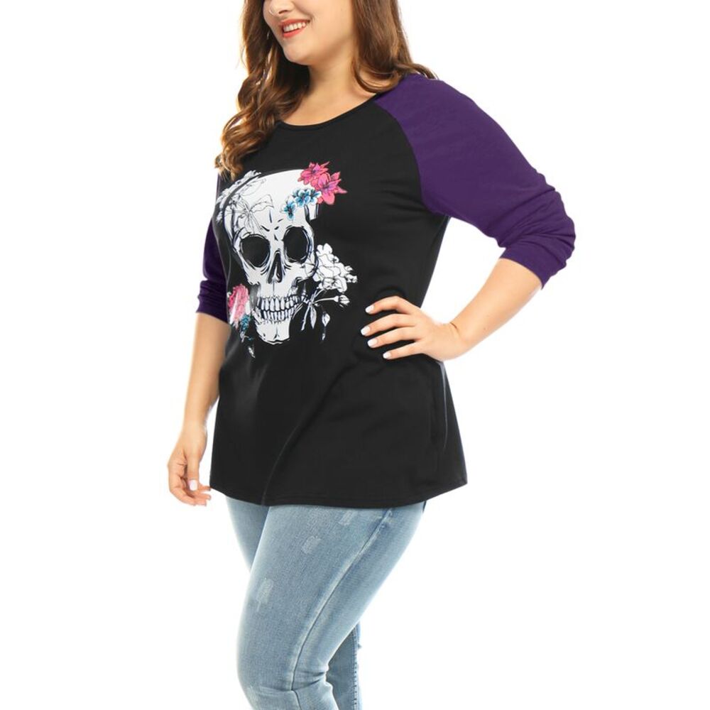 Women's Plus Size Tee Shirts Floral Skull Long Sleeve Tops Purple - Picture 3 of 6